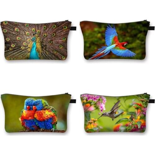 Hummingbird/ Peacock / Parrot 3D Printing Cosmetic Bags Bird and Flower Travel Necessity Portable Makeup Bag Organizer Gift