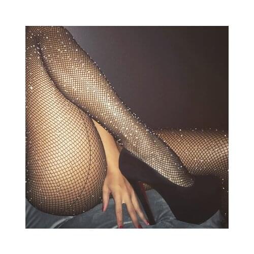 Candiway Womens Black Sexy Rhinestone Sparkling Fishnet Stockings High Waist Tights Crystal Small Mesh Hollow Out Pantyhose