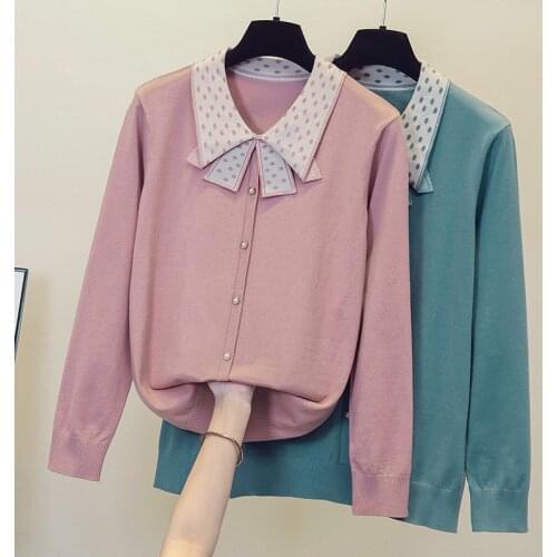 M-4XL plus size women autumn winter thick warm sweater pullover 2021 long Sleeve bow dot button kintting sueters de mujer