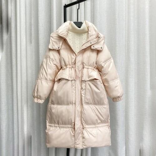 Winter Women Coat White Thick Duck Down Padded Jacket Hooded Waist Women Long Jacket Casual Warm Temperament Female Coats