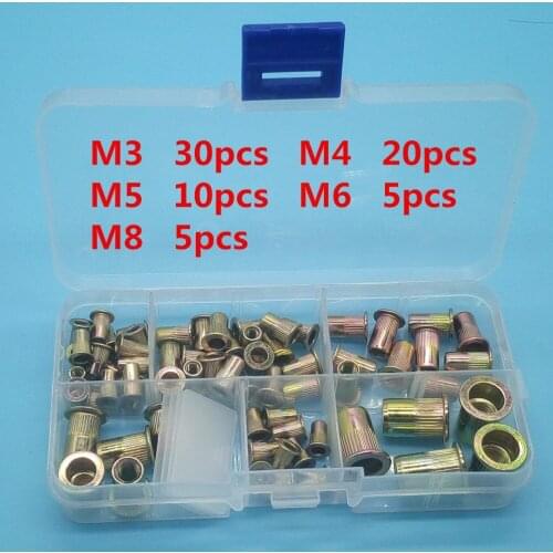 70Pcs/set M3 M4 M5 M6 M8 Zinc Plated Knurled Nuts Rivnut Flat Head Threaded Rivet Insert Nutsert Cap Rivet Nut