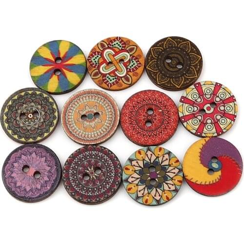 100 PCs Buddhism Wood Mandala Sewing Buttons For Knitting Tools Scrapbooking Two Holes Round Buttons Accessories Findings