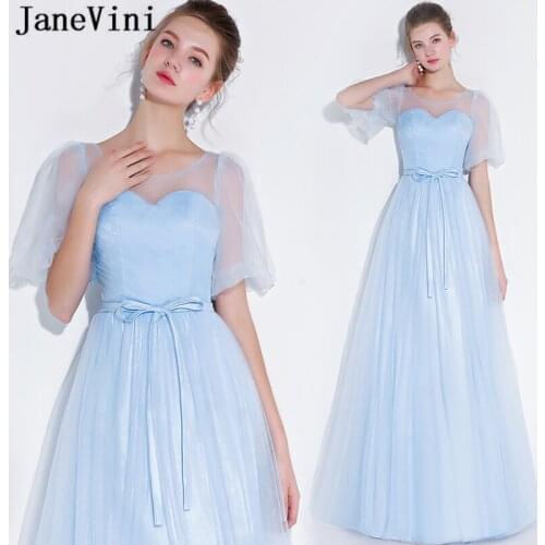 JaneVini Elegant Light Sky Blue Long Bridesmaid Dresses Scoop Neck Puffy Tulle Short Sleeve A Line Floor Length Prom Party Gowns