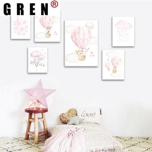 GREN Home Decor Nordic Pink Balloon Animal Travel Canvas Painting Wall Art Print Poster Picture Modern Baby Kid Child