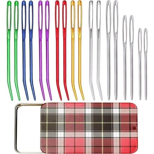 LMDZ Tapestry Needle Bent Embroidery Needles Bent Tip Needles and 6 Pieces Large Eye Blunt Needles with Iron Box for Knitting