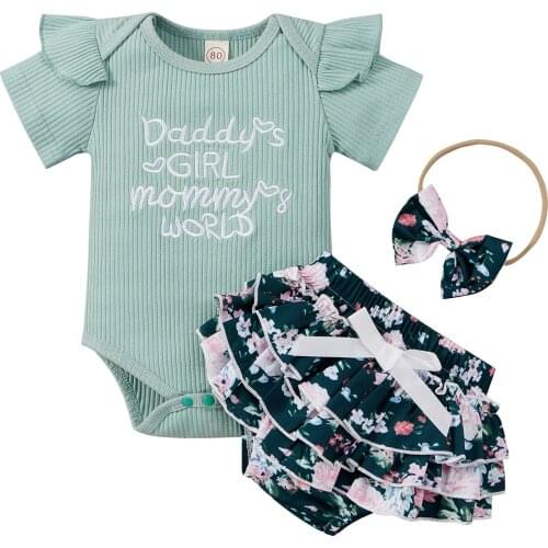 3Pcs Baby Girls Outfit, Sweet Style Summer Fly Sleeve Round Collar Letter Romper + Floral Printing Lace Shorts + Bow Headwear