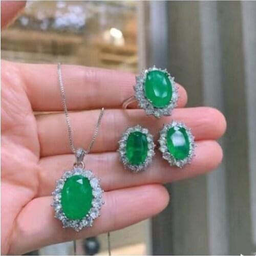 QTT Exquisite Oval Emerald Gemstone Ring Earring Necklace Set Wedding Womens Jewelry Set 2021 Trend Fashion Bridal Gift
