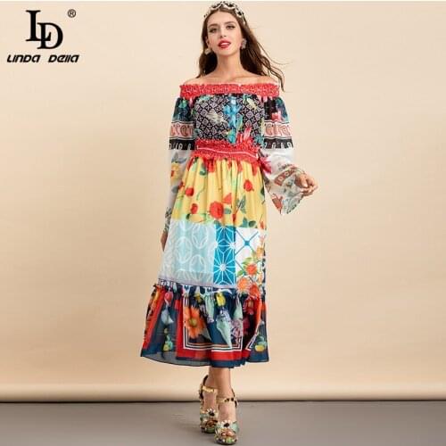 LD LINDA DELLA New 2021 Fashion Designer Summer Dress Women Sexy Slash neck Elastic waist Flower Print Loose Vintage Midi Dress