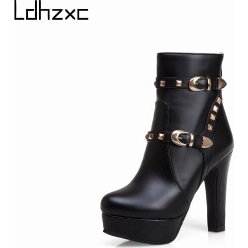 LDHZXC Pu Leather High Heel Booties Women Black Red Blue Autumn Platform Ankle Boots Zippers Punk High Quality Big Size
