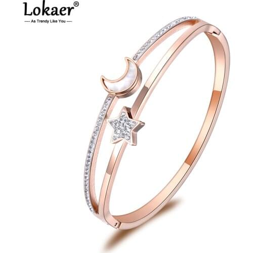 Lokaer Mosaic Rhinestone & Shell Lovers Moon Star Stainless Steel Bracelet Bangle Jewelry Rose Gold Viking Cuff Bracelets B19001