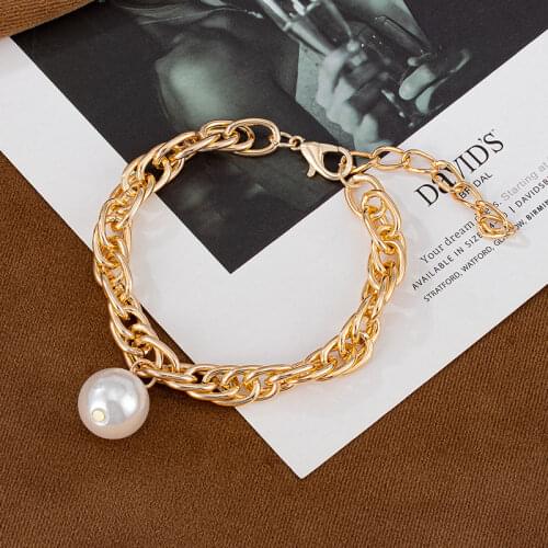 LOVR New Punk Bohemian Gold Chain Bracelets For Women Statement Metal Big Pearl Bracelet Bangles Female Banquet Advanced Jewelry