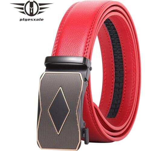 Plyesxale 2020 Genuine Leather Mens Belt For Jeans Automatic Buckle Brown Black Red Belt Men Luxury Brand Cowboy Waist Belt B94