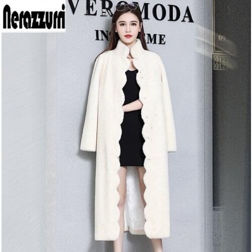 Nerazzurri Winter warm thick soft real fur coat winter Scallop trim colored sheep fur coats plus size sheared lamb fur overcoat