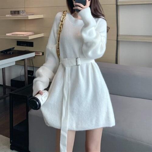 Sweater Dress Women Solid Casual Long Sleeve Slim A-line Mini Office Knitted Dress Female One Piece Dress Korean New Autumn 2020