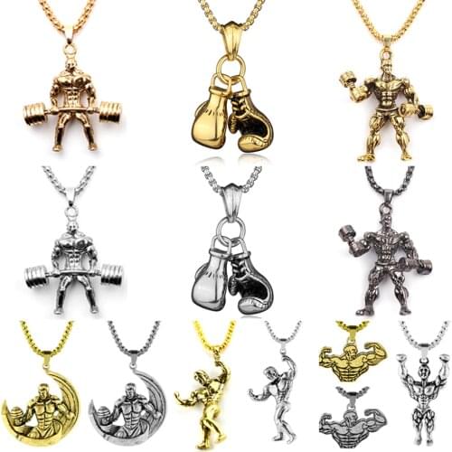 Weightlifting Pendant Necklaces Barbell Dumbbell Classic Charm Sporty Style Long Chain Necklaces For Male Men Fitness Enthusiast