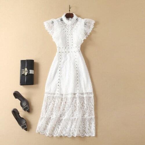 WTIANYUW Romantic Vintage Temperament White Lace Dresses Butterfly Beaded Floral Embroidery Mid Lace Dress Hollow Out Dress
