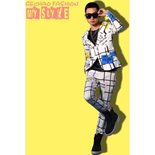 S-4xl Men Brand New Fashion Line Lattice Suit Singer Costumes Stage Formal Dress Mens Plus Size Performance Clothing