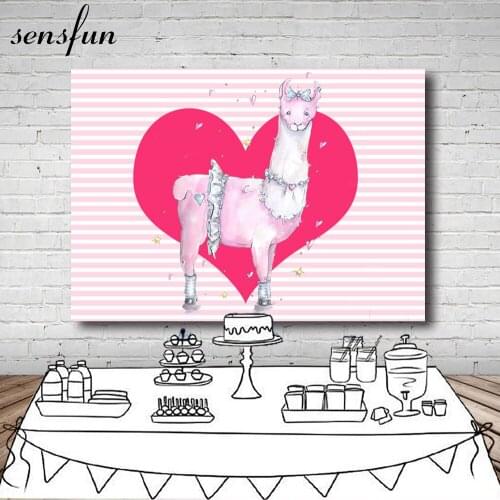 Sensfun Pink And White Striped Red Heart Alpaca Backdrop For Girls Custom 1st Birthday Party Backgrounds Photocall 7x5ft Vinyl