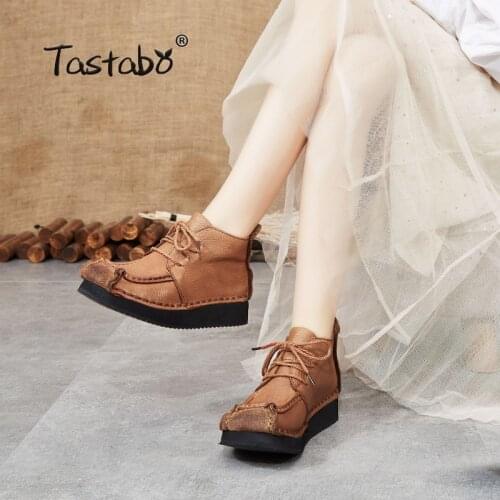 Tastabo Genuine Leather ladies ankle boots vintage style Flat boots Thick bottom womens boots Lace up S88505 Brown Yellow 35-40