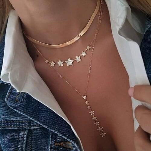 Gold color long lariat chain rainbow star cz link chain sparking star charm pendant Y women sexy fashion Fine jewelry necklace