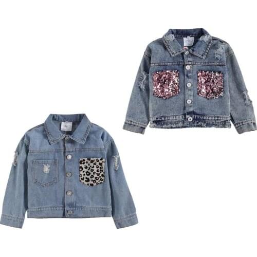 1-6Y Fashion Infant Baby Girls Denim Jacket Leopard/Sequined Print Long Sleeve Single Breasted Blue Coats 2 Style ropa de bebe