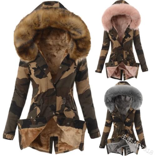 Women Winter Warm Parka Camouflage Hooded Fleece Jacket Coat Adjustable Waist Fur Collar zipper Single breast Thick outwear 5XL