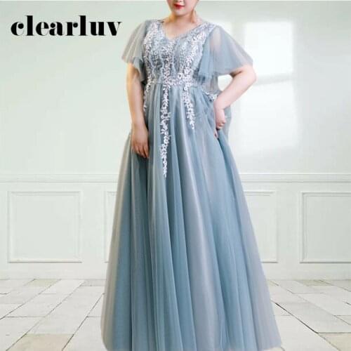 Crepe A-Line Women Party Gowns DR1104 V-Neck Plus Size Robe De Soiree Appliques Lace Evening Dresses Short Sleeve Elegant Dress