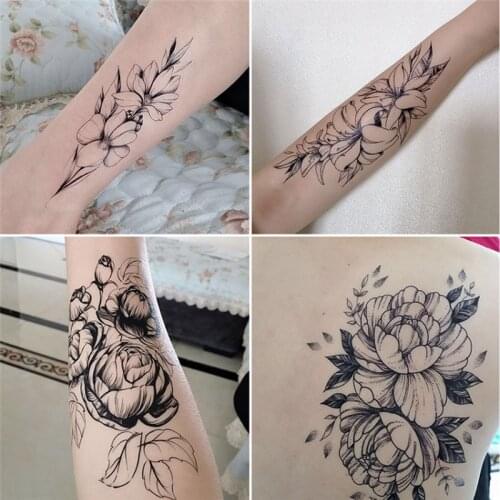 Rose Peony Flower Girls Temporary Tattoos For Women Waterproof Black Tattoo Stickers 3D Blossom Lady Shoulder Arm DIY Tattoos