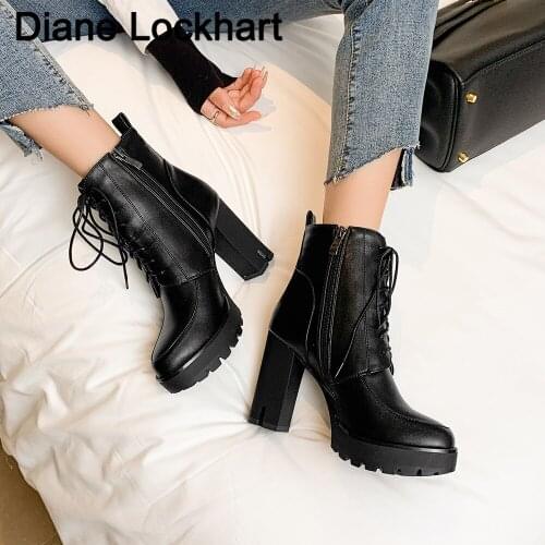 2020 Winter Large Size 33-41 Black Warm Fur Boots Women Platform Boots lace-up High Chunky Heels Boots Punk Gothic Shoes Woman