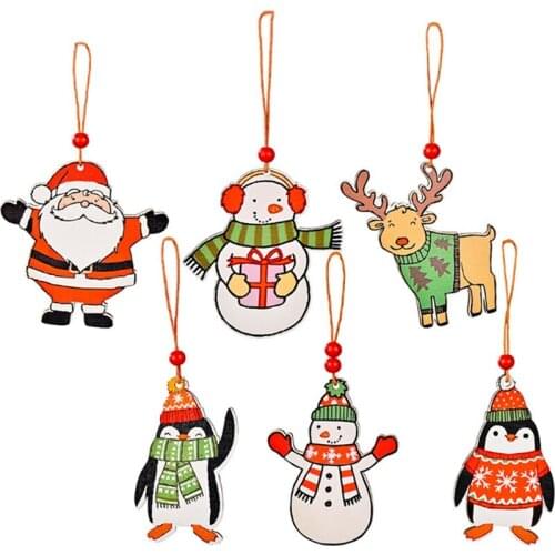 2 Boxes/12PCS Christmas Tree Decorative Wooden Pendant Santa Penguin Hanging Decor Christmas Party Decoration