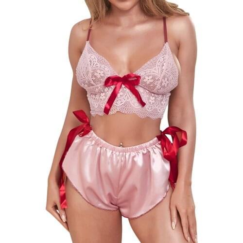 2021 Pink Lace See-Through Sexy Underwear Set Bowknot Bra Patchwork Three-Point Underwear Shorts Babydoll Pajamas