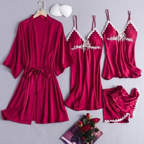2021 Spring Summer New Burgundy 4PCS Pajamas Suit Womens Sweet Lace Flower Trim Sleepwear Sexy V-Neck Strap Nightwear With Belt