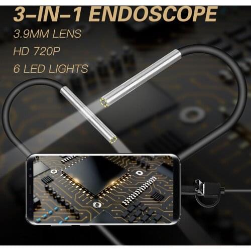 Endoscope Camera 3.9mm Tiny Lens Mini Android Endoscope Micro Type C 3 in 1 Waterproof Inspection For Android PC Borescope