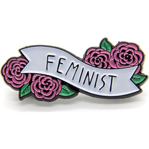 Feminist Enamel Pin Banner with Flowers brooches for women