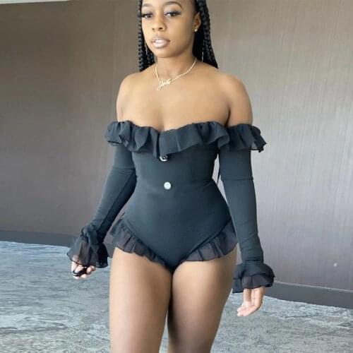 Hirigin Sexy Solid Ruffle Slash Neck Jumpsuit Women Flare Long Sleeve Top Shorts Swimsuit New Mesh Patchwork Outfits For Women