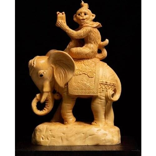 Monkey Riding Elephant Animal Chinese Sculpture Lucky Feng Shui Solid Boxwood Home Decoration Wood Carving Crafts Re