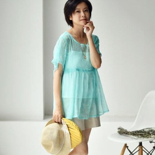 MICOCO C3052 art large code round neck large pendulum perspective sling two piece shirt 2018 female summer