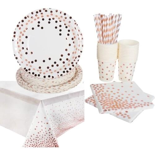 Rose Gold Dot Disposable Tableware Baby Shower Favor Birthday Party Decor Supplies Paper Cups Plates StrawsTable Decorations