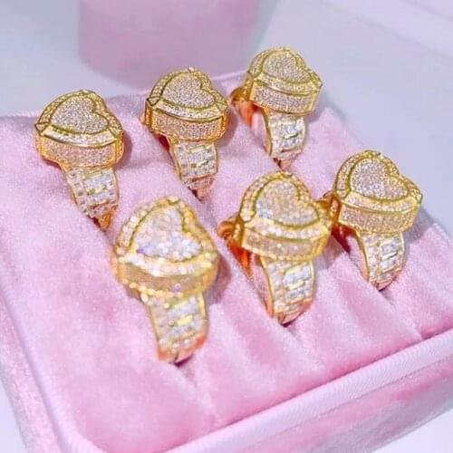 Wholesale Iced Out Bling Cubic Zirconia Cz Paved Heart Shape Wide band Heavy Rings For Women Men Engagement Valentines Day Gift