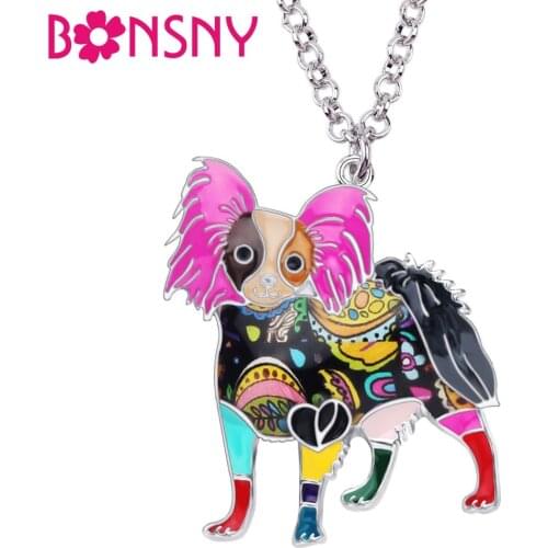 Bonsny Enamel Alloy Standing Papillon Dog Necklace Pendant Chain Choker Collars Fashion Animal Jewelry For Women Girls Pet Gift