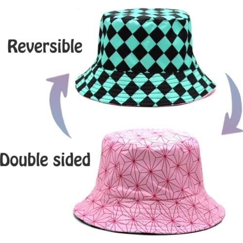 2021 new Demon Slayer Bucket Hat Reversible Two Sides Bob Panama Caps for Girls Boys Japanese Anime Woman Fisherman Hats Sunhat