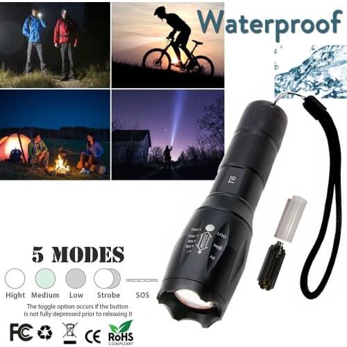 Rechargeable LED Flashlight Torch T6 Tactical Military Zoomable 5 Mode 4000 lumens 18650 Battery Powered Outdoor Camping