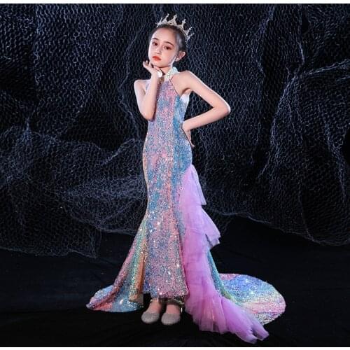 Sexy Sequins Stitching Evening Dress Mermaid Catwalk Princess Dress For Girls Kids Clothes Birthday Party Dress Vestidos