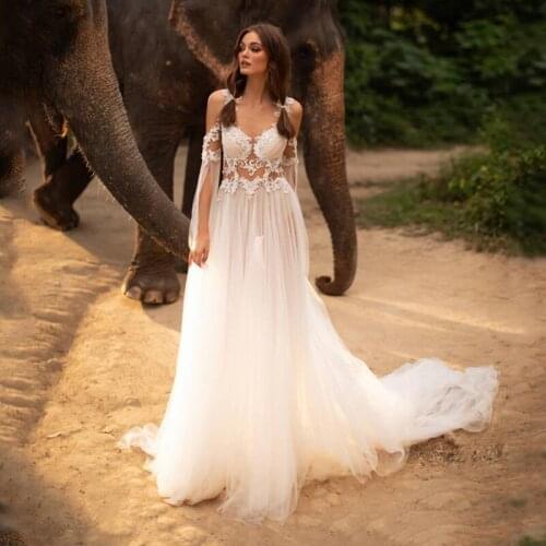 Boho Beach Wedding Dresses Flare Sleeves Lace Sheer Illusion Tulle Bride Dress A Line Summer Wedding Gown Sexy Transparent White