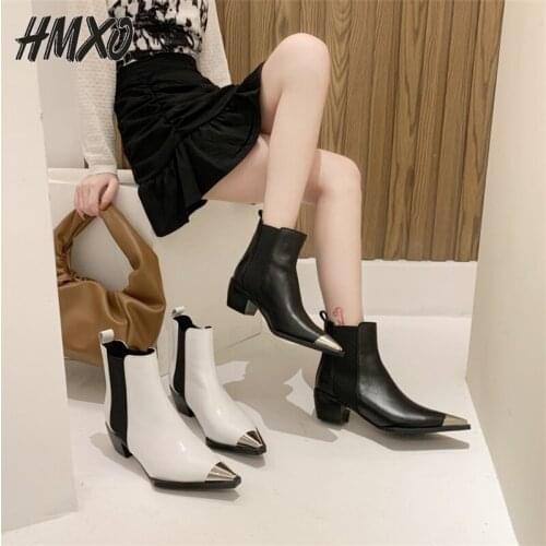 HMXO Casual Short Boots Pointed Toe Low-heeled Metal Stitching Martin Boots Thick-heeled Nude Boots Set Foot Chelsea Women Shoes