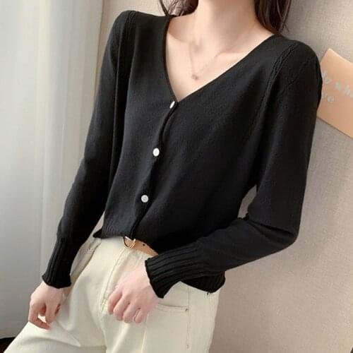 Casual Long Sleeve Button Up Shirts Knitted Cardigan Tops Women V-Neck Thin Jacket