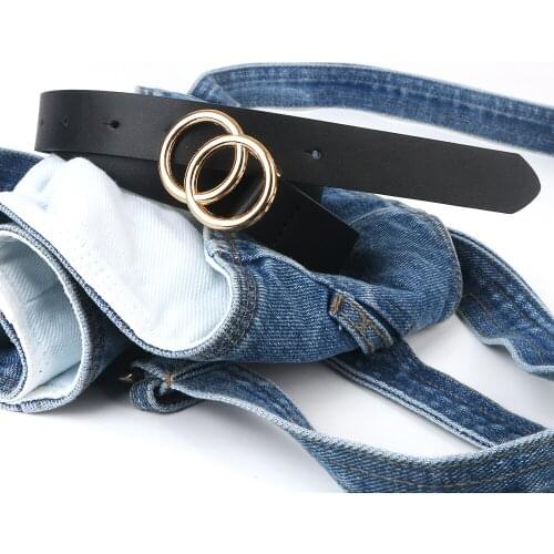 Double Gold Ring Buckle Black Pu Leather Belts For women ladies Fit for 60-80cm Waist circumference adjustable For Dress Jeans