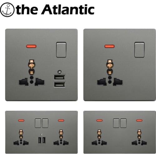 Universal Wall Power Socket Dual USB Charger LED Indicator Outlet 3 Hole Single Double Socket Gray Plastic Frame DE EU UK FR