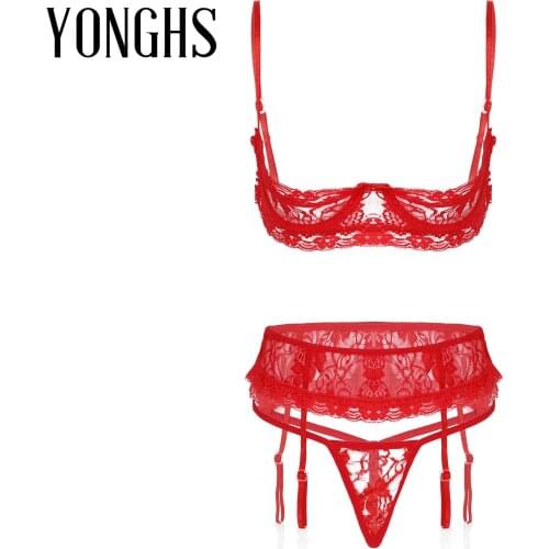 Sexy Bra and Panty Set For Women Lace Underwear Open Cup Underwired Bra with G-String Garter Female Sexy Erotic Lingerie Set