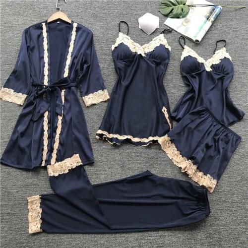 Daeyard Silk Pajamas Sets Women Sexy Lace Robe Pajama Pants Sleepwear Spring Summer 5pcs Pyjamas Nightwear Elegant Home Clothes
